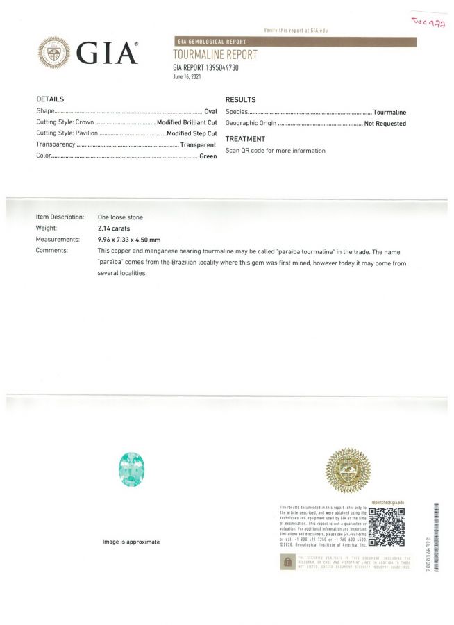 Сертификат Голубовато-зеленый турмалин Параиба в огранке овал 2,14 карат, Мозамбик, GIA