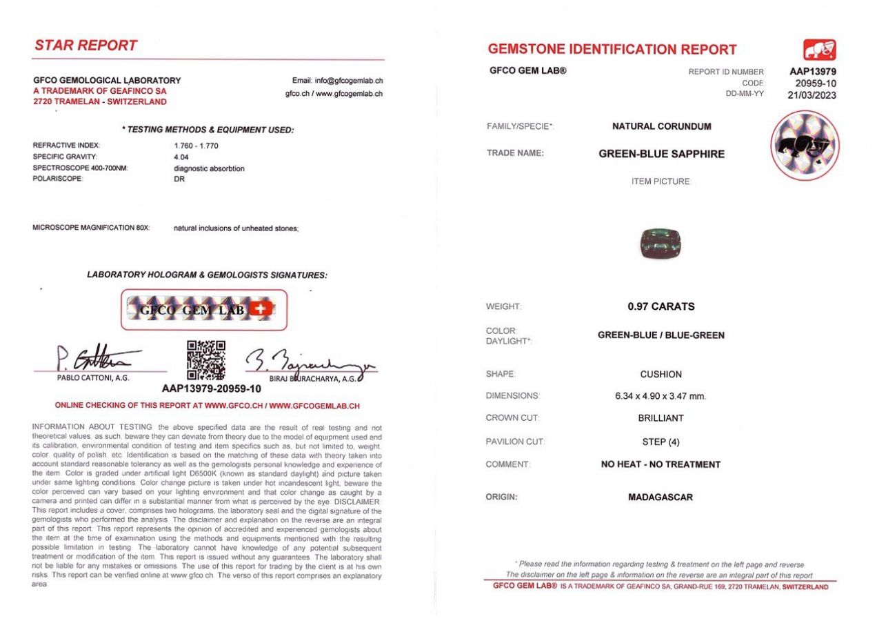 Сертификат Негретый сапфир цвета Teal 0,97 карат, Мадагаскар