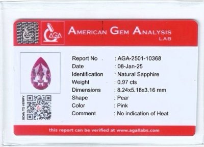 Сертификат Негретый розовый сапфир в огранке груша 0,97 карата, Мадагаскар