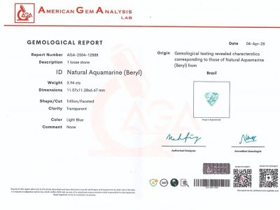 Сертификат Аквамарин в огранке триллион 3,94 карата, Бразилия