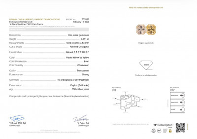 Сертификат Негретый сапфир Pastel Yellow в огранке радиант 6,11 карат, Шри-Ланка