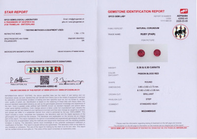 Сертификат Пара рубинов Pegeon Blood Red в огранке круг 0,66 карат, Мозамбик 