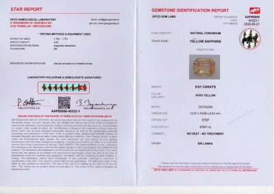 Сертификат Негретый золотой сапфир в огранке октагон 9,01 карат, Шри-Ланка. Лот 11
