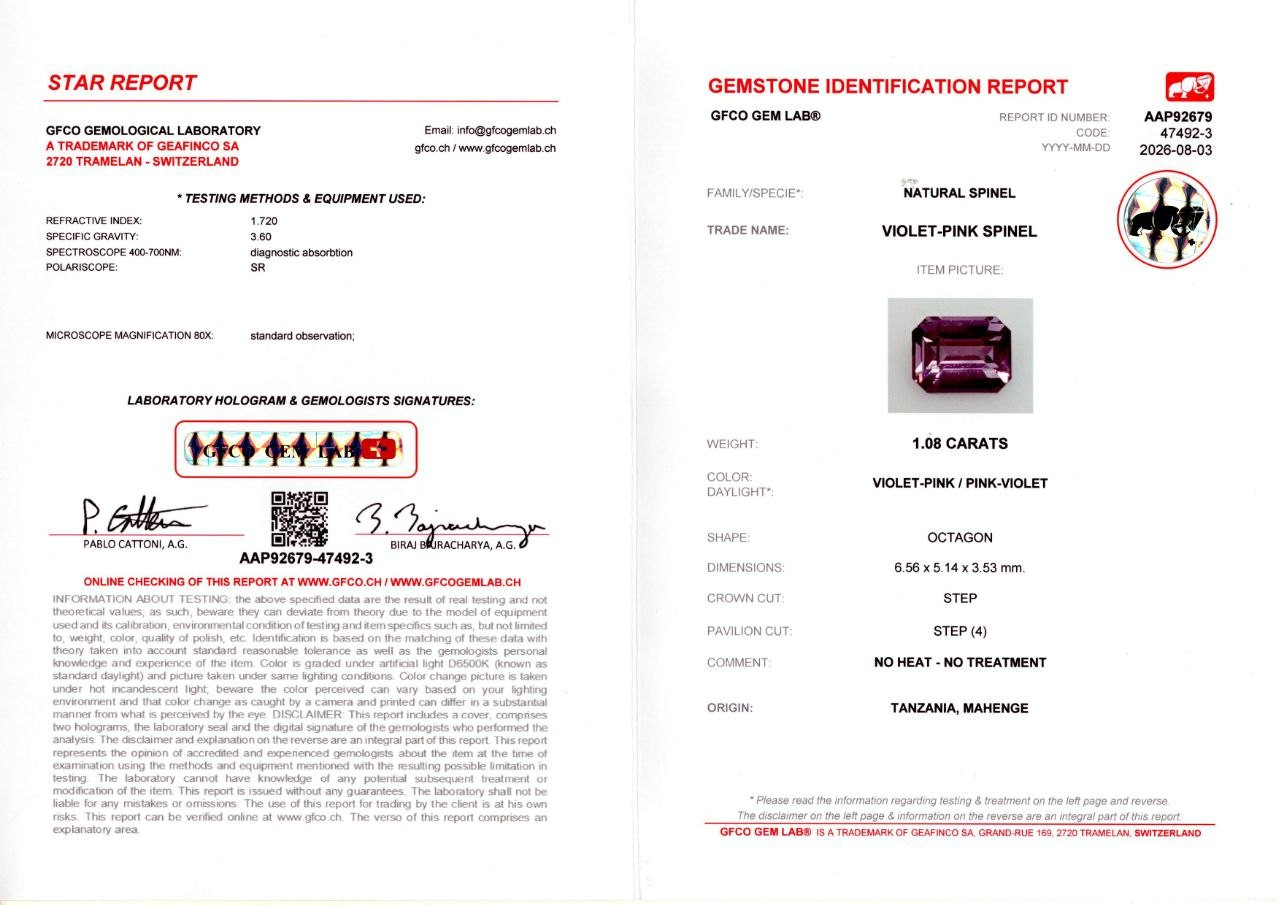 Фиолетово-розовая шпинель Махенге в огранке октагон 1,08 карата, Танзания Изображение №5