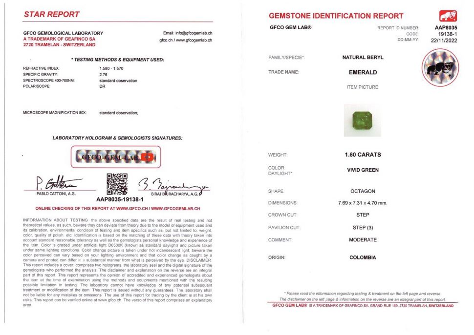 Сертификат Изумруд Vivid Green из Колумбии в огранке октагон 1,60 карат