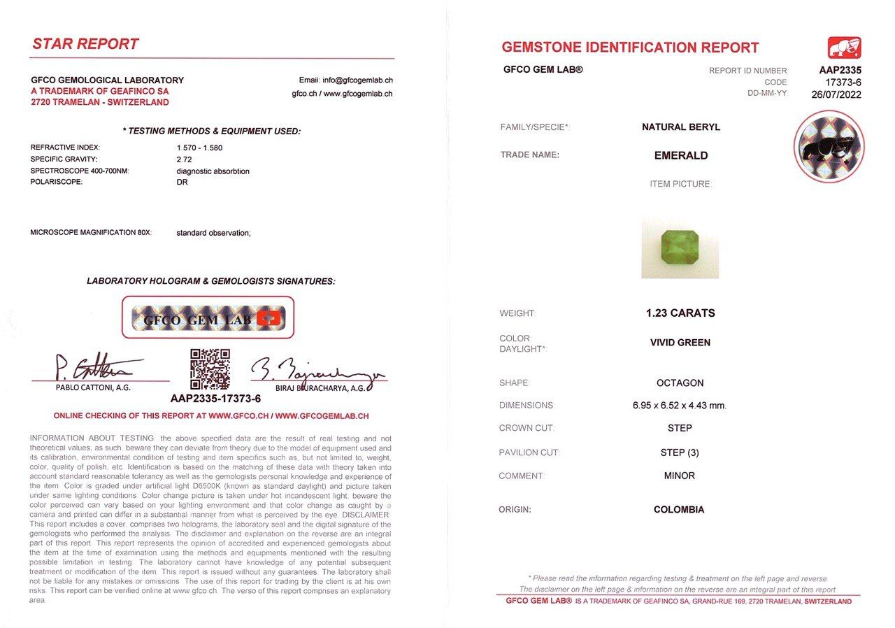 Сертификат Насыщенный колумбийский изумруд в огранке октагон, 1,23 карат