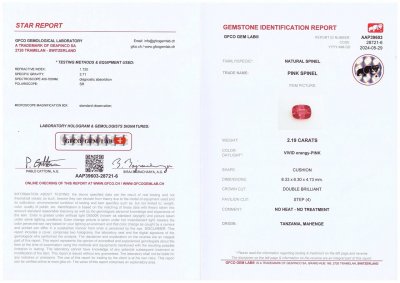 Сертификат Красно-розовая шпинель Махенге в огранке кушон 2,19 карата, Танзания 
