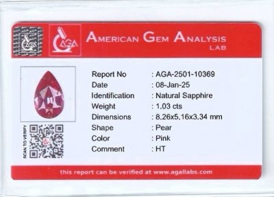 Сертификат Негретый розовый сапфир в огранке груша 1,03 карата, Мадагаскар