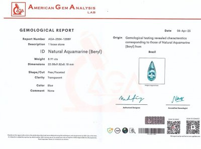 Сертификат Аквамарин в огранке груша 8,91 карата, Бразилия
