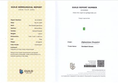 Сертификат Изумруд Vivid Green в огранке октагон 1,09 карата, Панджшер