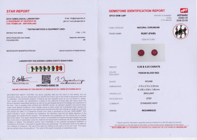 Сертификат Пара рубинов Pegeon Blood Red в огранке круг 0,52 карат, Мозамбик 
