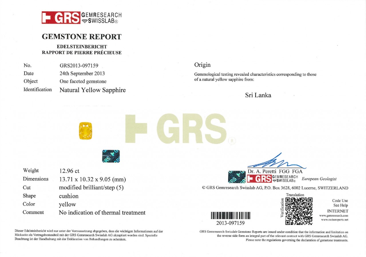 Сертификат Жёлтый негретый сапфир 12,96 карат, Шри-Ланка, GRS