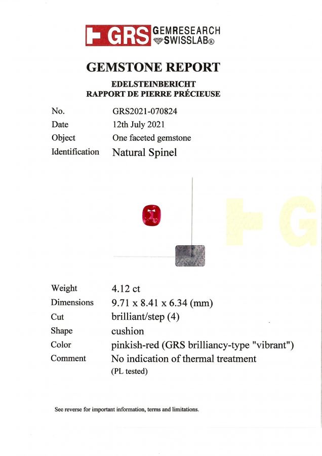 Сертификат Уникальная розово-красная шпинель Махенге 4,12 карата, GRS brilliancy-type "Vibrant", ICA Book