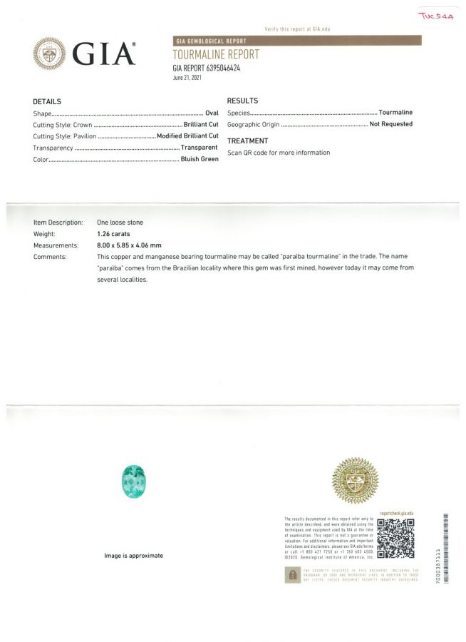 Сертификат Турмалин Параиба зеленовато-голубого цвета в огранке овал 1,26 карата из Мозамбика, GIA