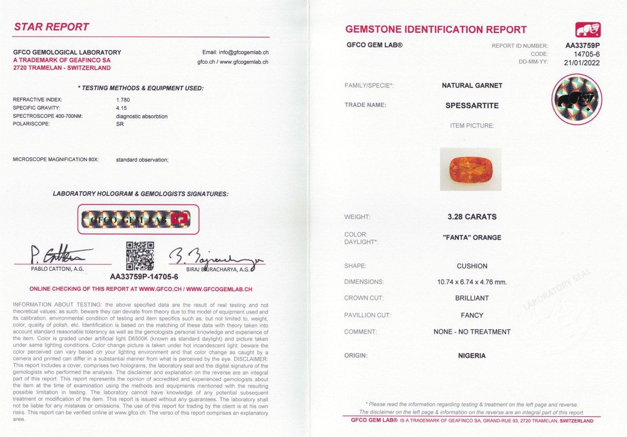 Сертификат Спессартин цвета fanta в огранке кушон 3,28 карата, Нигерия