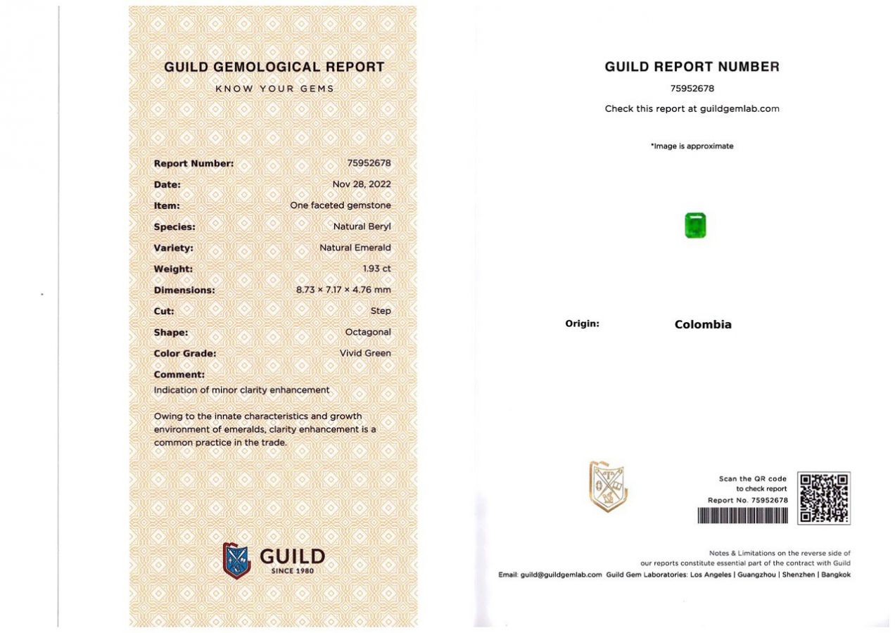 Сертификат Колумбийский изумруд 1,93 карата Vivid Green