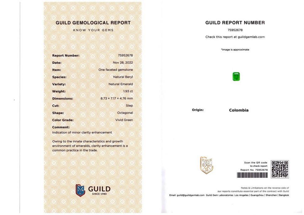 Сертификат Колумбийский изумруд Vivid Green в огранке октагон 1,93 карата