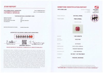Сертификат Красно-розовая шпинель Махенге в огранке радиант 1,09 карата, Танзания