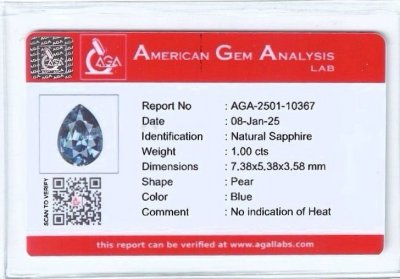 Сертификат Негретый синий сапфир в огранке груша 1,00 карата, Мадагаскар