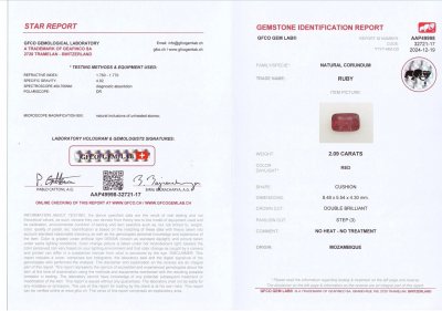 Сертификат Негретый рубин Vivid Red в огранке кушон 2,09 карата, Мозамбик