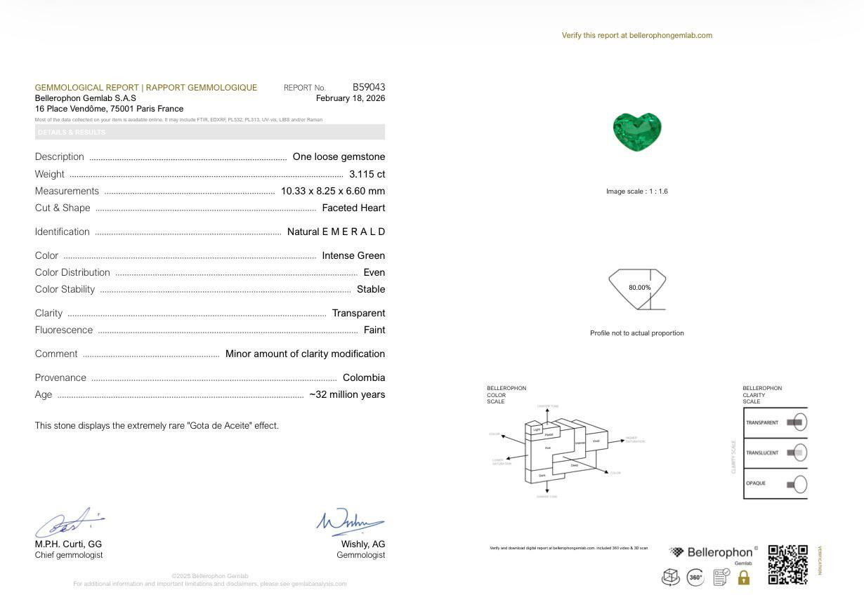 Изумруд Intense Green Gota de Aceite эффект крыла бабочки в огранке сердце 3,11 карат, Колумбия Изображение №6