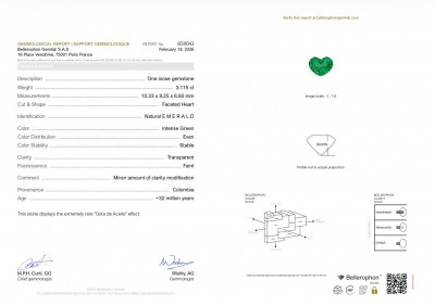 Сертификат Изумруд Intense Green Gota de Aceite эффект крыла бабочки в огранке сердце 3,11 карат, Колумбия