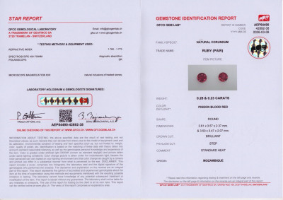 Сертификат Пара рубинов Pigeon Blood Red в огранке круг 0,51 карат, Мозамбик 