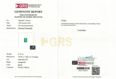 Сертификат Колумбийский изумруд в огранке октагон 4,13 карат, GRS