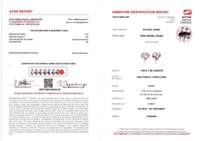 Сертификат Пара розовой танзанийской шпинели в огранке сердце 3,85 карата