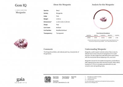 Сертификат Розовый морганит в огранке груша 2,46 карата