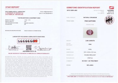 Сертификат Негретый розовый сапфир в огранке овал 2,06 карата, Шри-Ланка