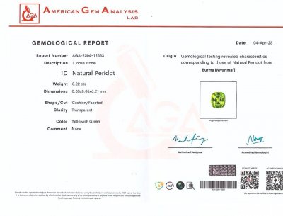 Сертификат Перидот в огранке кушон 3,22 карата, Бирма 