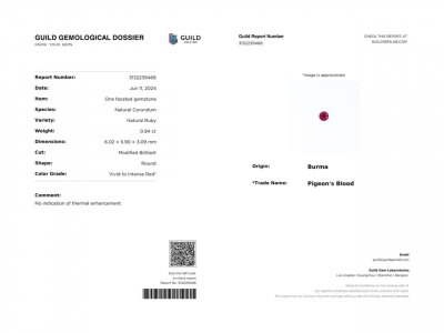 Сертификат Негретый рубин Pigeon's Blood в огранке круг 0,94 карата, Бирма