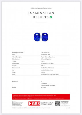 Сертификат Пара сапфиров Royal Blue в огранке кушон 14,26 карат, Шри-Ланка 