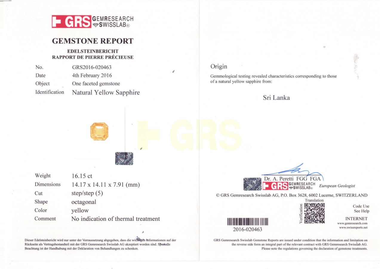Сертификат Жёлтый негретый сапфир 16,15 карат, Шри-Ланка, GRS
