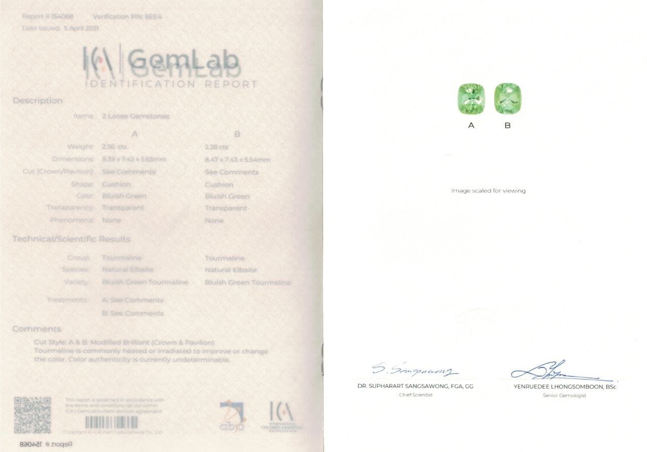 Сертификат Пара турмалинов цвета Lagoon 4,64 карата, ICA