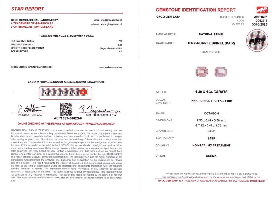 Сертификат Пара розовых шпинелей в огранке октагон 2,74 карат, Бирма