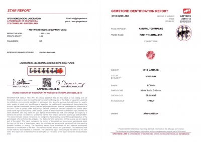 Сертификат Яркий розовый турмалин в огранке круг 2,13 карата, Афганистан