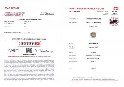 Сертификат Уникальный серый турмалин в огранке кушон 3,84 карата, Нигерия