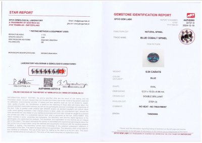 Сертификат Кобальтовая шпинель в огранке овал  6,04 карата, Танзания