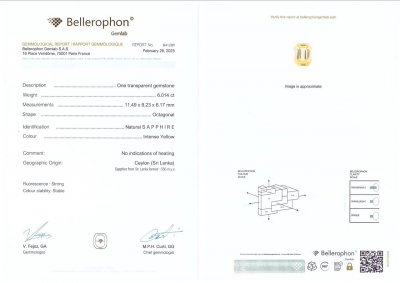 Сертификат Негретый  сапфир Intense Yellow в огранке октагон 6,01 карата, Шри-Ланка
