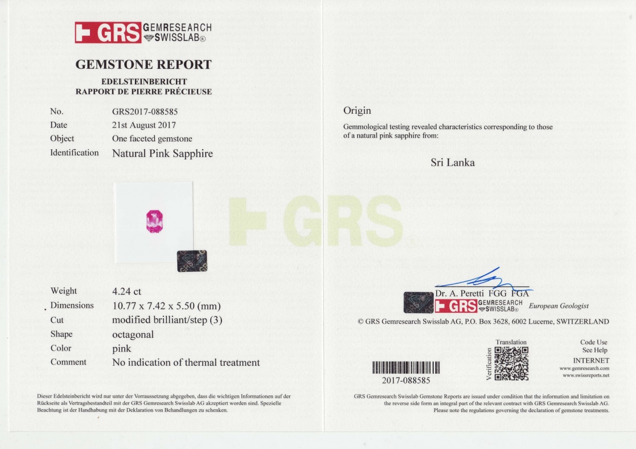 Сертификат Розовый негретый сапфир 4,24 карата, GRS