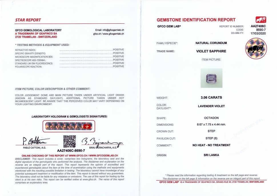 Сертификат Негретый фиолетовый сапфир 3,06 карата, Шри-Ланка