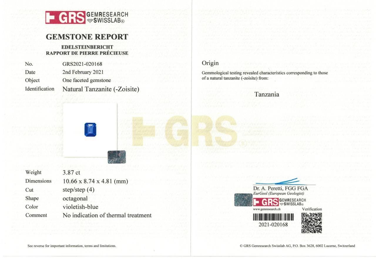 Сертификат Природный танзанит в огранке октагон 3,81 карат, GRS
