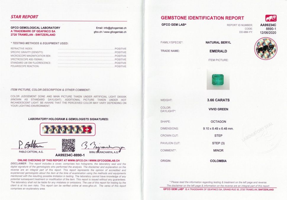Сертификат Изумруд в огранке октагон 3,66 карат, Колумбия, GFCO
