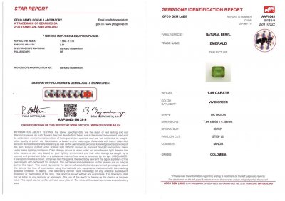 Сертификат Изумруд Vivid Green из Колумбии в огранке октагон 1,49 карат