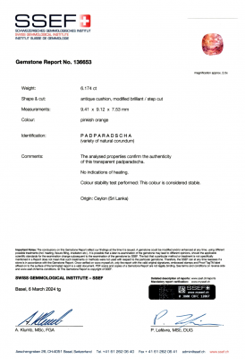 Сертификат Коллекционный негретый цейлонский сапфир Падпараджа в огранке кушон 6,17 карат, SSEF