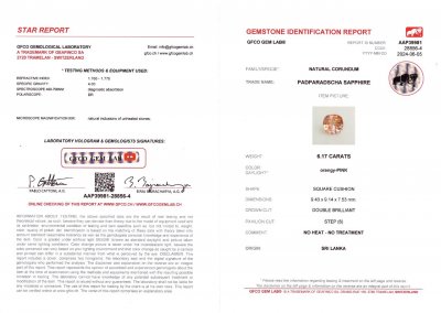 Сертификат Коллекционный негретый цейлонский сапфир Падпараджа в огранке кушон 6,17 карат, SSEF