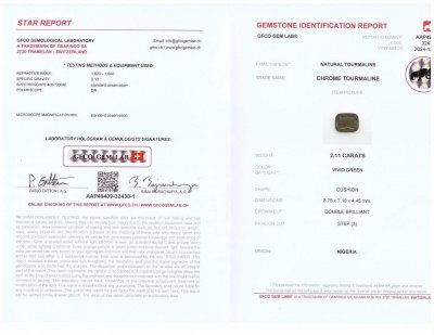 Сертификат Хром турмалин в огранке кушон 2,11 карата, Нигерия