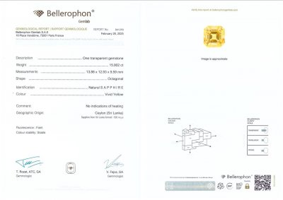 Сертификат Негретый желтый Golden сапфир в огранке радиант 15,90 карат, Шри-Ланка